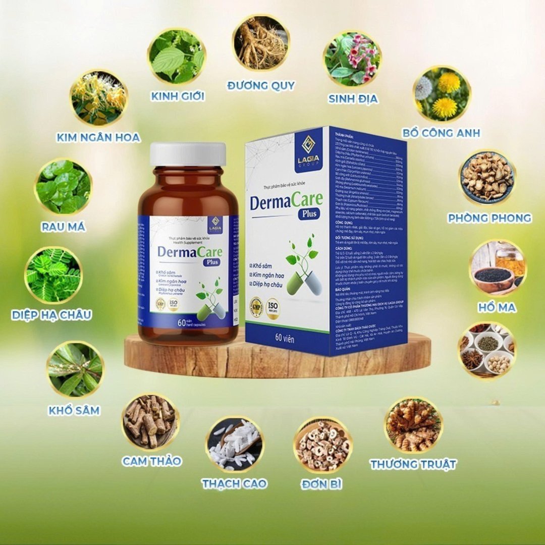 Viên Uống DermaCare Plus được bào chế từ bộ thảo dược quý: Khổ Sâm, Kim Ngân Hoa, Diệp Hạ Châu, Rau Má, Cam Thảo, Bồ Công Anh, Kinh Giới, Phòng Phong, Sinh Địa, Đơn Bì, Hồ Ma, Thương Truật… theo công thức “trong uống – ngoài chăm”.