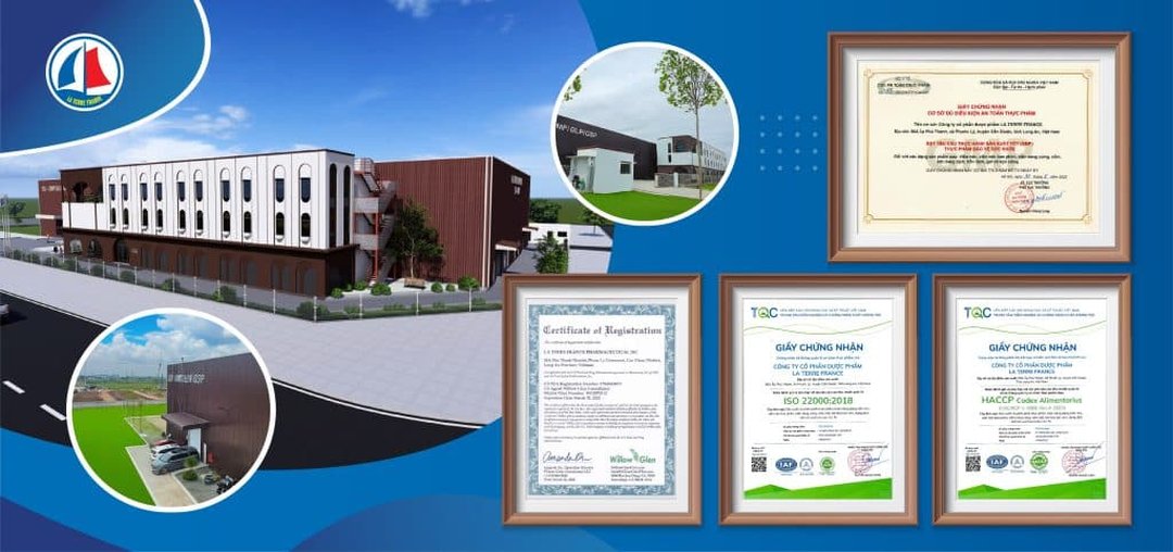 Sản phẩm được sản xuất tại nhà máy dược phẩm La Terre France, đạt các chứng nhận ISO 22000:2018, HACCP và đủ điều kiện an toàn thực phẩm — đảm bảo chất lượng từ khâu sản xuất.