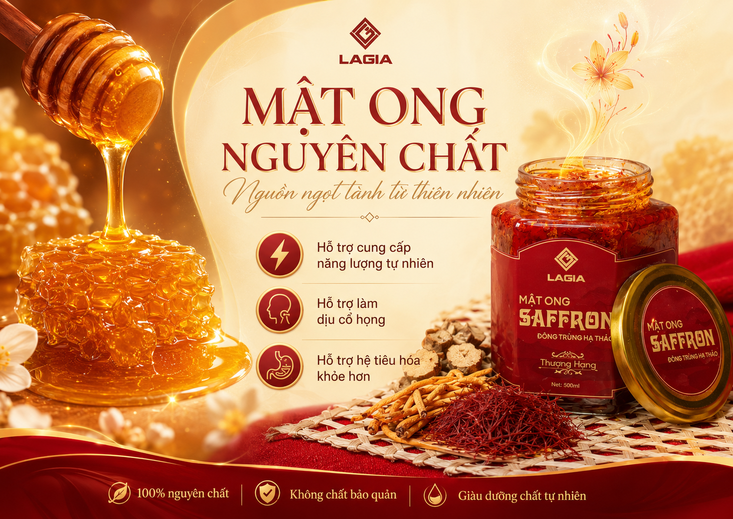 Mật ong nguyên chất nguồn năng lượng tự nhiên, kháng khuẩn, làm dịu cổ họng